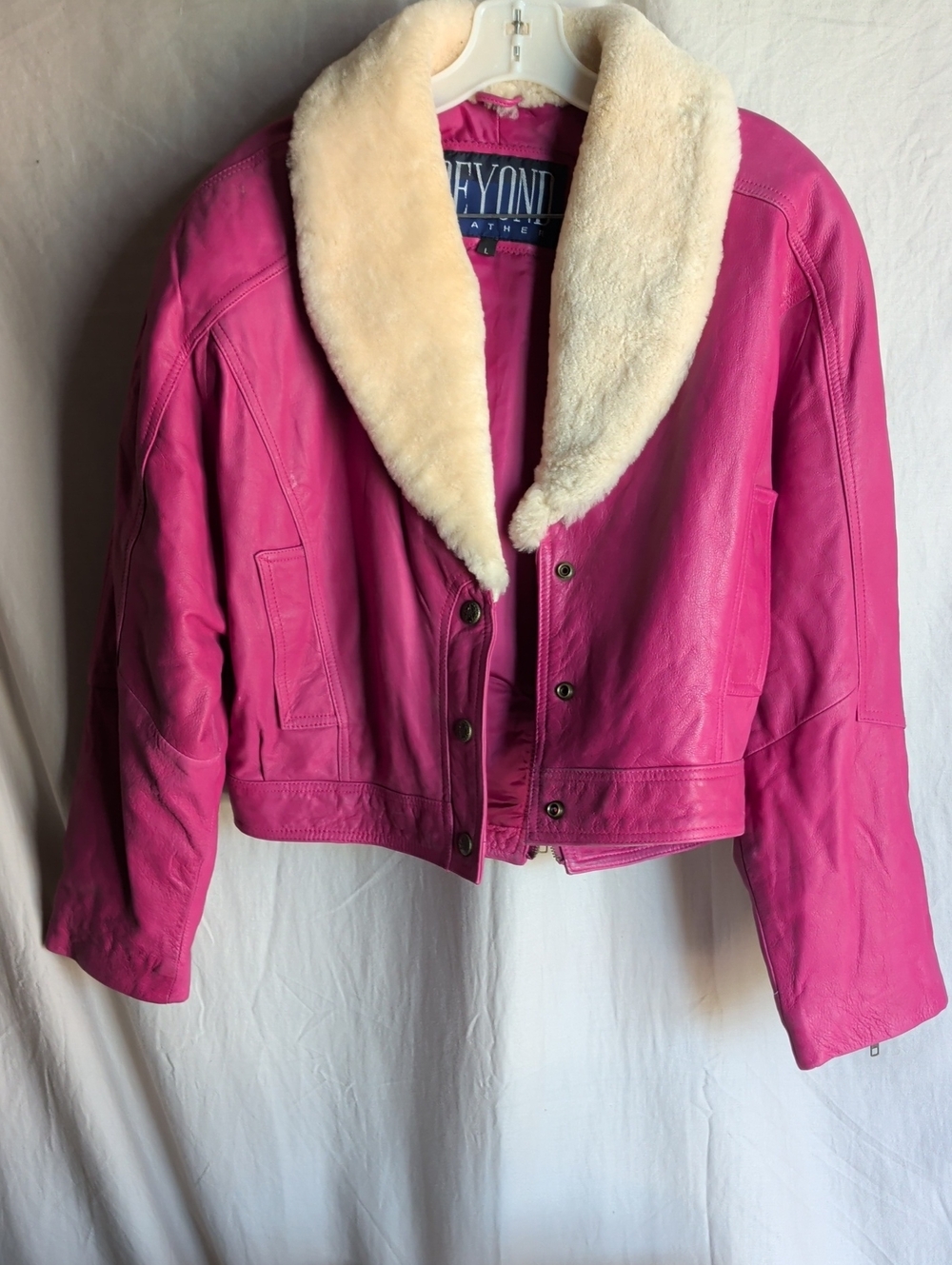 Vintage 80s/90s Hot Pink Cropped Leather Jacket Retro Bomber Moto Streetwear